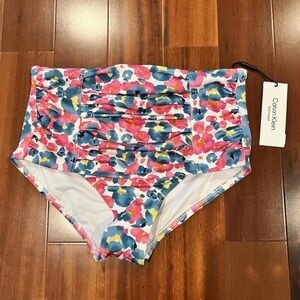 New NWT Calvin Klein Swim Bottoms Pink Blue Floral Print High Waist Ruche‎ Sz XS